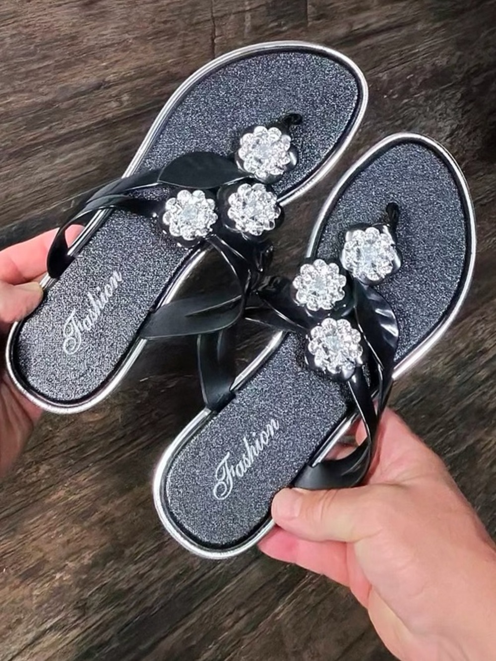 Black Jeweled Thong Sandals with Sparkling Floral Accents